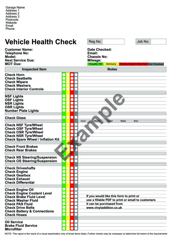 Vehicle Inspection Worksheet Printable &amp; Fillable PDF
